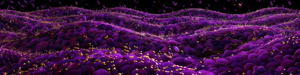 Obraz premium A field of deep purple petals carpet an intricately patterned abstract landscape, with individual flowers gently swaying and releasing their golden seeds to the ground.