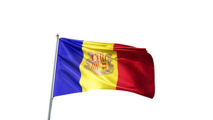 Flag of Andorra with no background, transparent png, flag on a flag pole waving in the wind, european country, national symbol of Andorra, picture of a flag