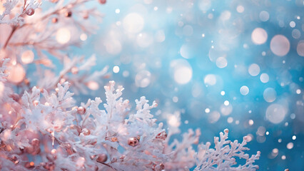 Pink pearls on snowy branch, new year abstract background