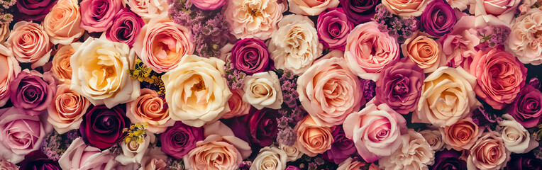 Fototapeta premium The image, fully covered in multicolored flowers, features pink, red, white, and purple blooms that create a bright and colorful background. Ideal for event and wedding decoration.