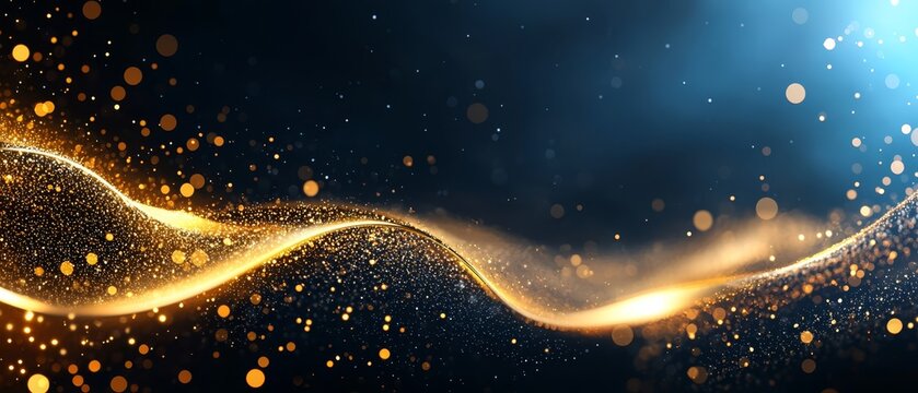  A blue background with gold sparkles and light wave on left, and right sides