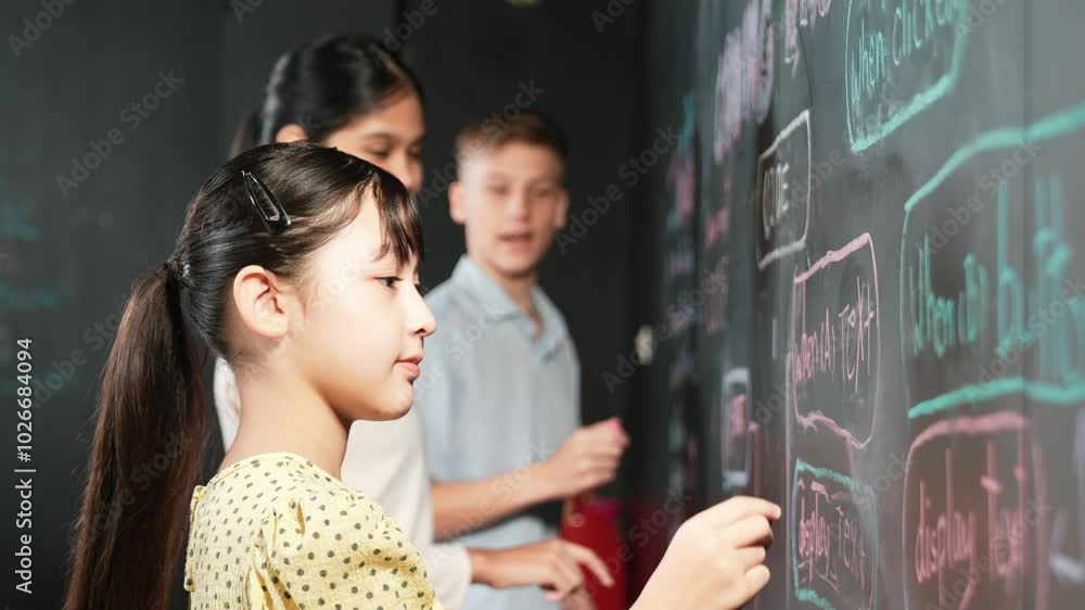 Poster multicultural smart student writing engineering code with site view. diverse children planning creat