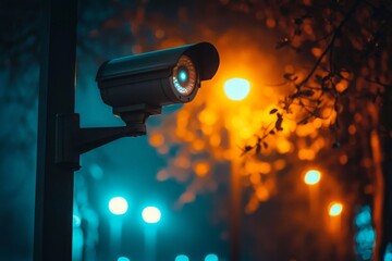 Nighttime CCTV Camera Under Streetlight Glow