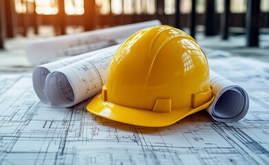 Construction tools and plans on a blue background featuring a yellow hard hat and hammer