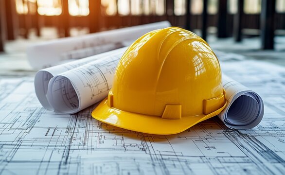 Construction tools and plans on a blue background featuring a yellow hard hat and hammer
