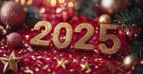 Celebrating New Years with sparkling decorations and the year 2025 prominently displayed
