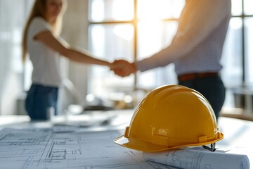 Business partnership agreement in a modern office with construction plans and hard hat