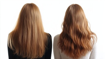 Fototapeta premium Two women with different hairstyles, one with straight hair and one with wavy hair, from the back.