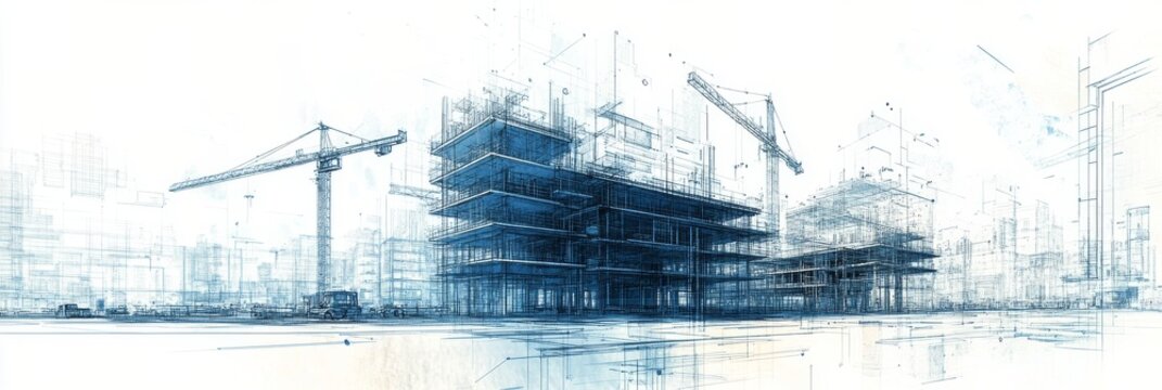 Modern construction site with cranes and blueprints under a bright sky in the city