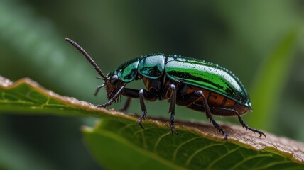 Naklejka premium A close-up of a metallic green beetle on a green leaf.