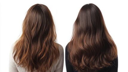 Two women with long, brown, wavy hair, one on the left with dry, frizzy hair, and one on the right with smooth, shiny hair.