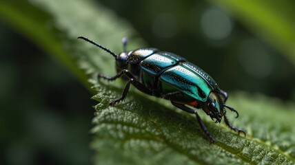 A close-up shot of a metallic green beetle on a green leaf, with blurred background.