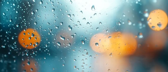 lights behind blurred, raindrops dotting the glass surface