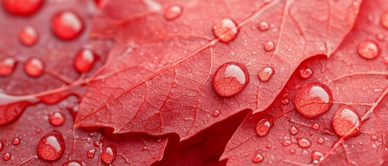 Fototapeta premium A close-up of a red leaf with water droplets on its surface The leaves are dotted with water droplets