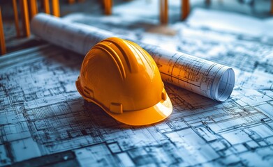 Construction tools and plans on a blue background featuring a yellow hard hat and hammer