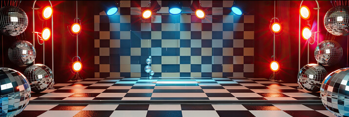 Retro Rush: A vintage game show set design with a black and white checkered floor, surrounded by flashing lights and spinning disco balls, adding a fun, nostalgic touch to the stage.