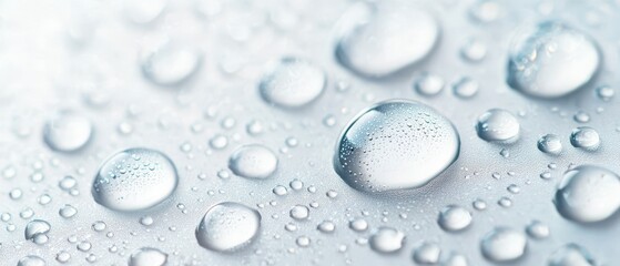  A tight shot of water droplets on a white backdrop, surrounded by a blue sky in the distance, and a lighter blue sky just overhead