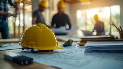 Teamwork in construction: architects work together with plans and tools.