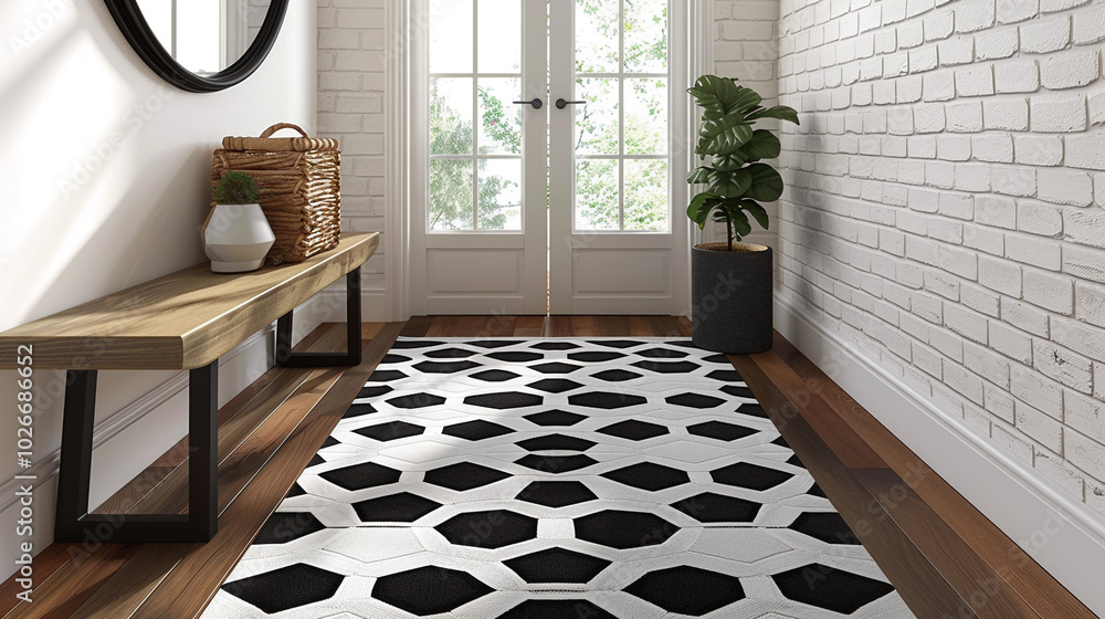 Poster a modern entryway with a runner rug featuring a bold hexagonal pattern in contrasting black and whit