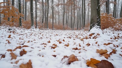 Snowy winter leaves in forest