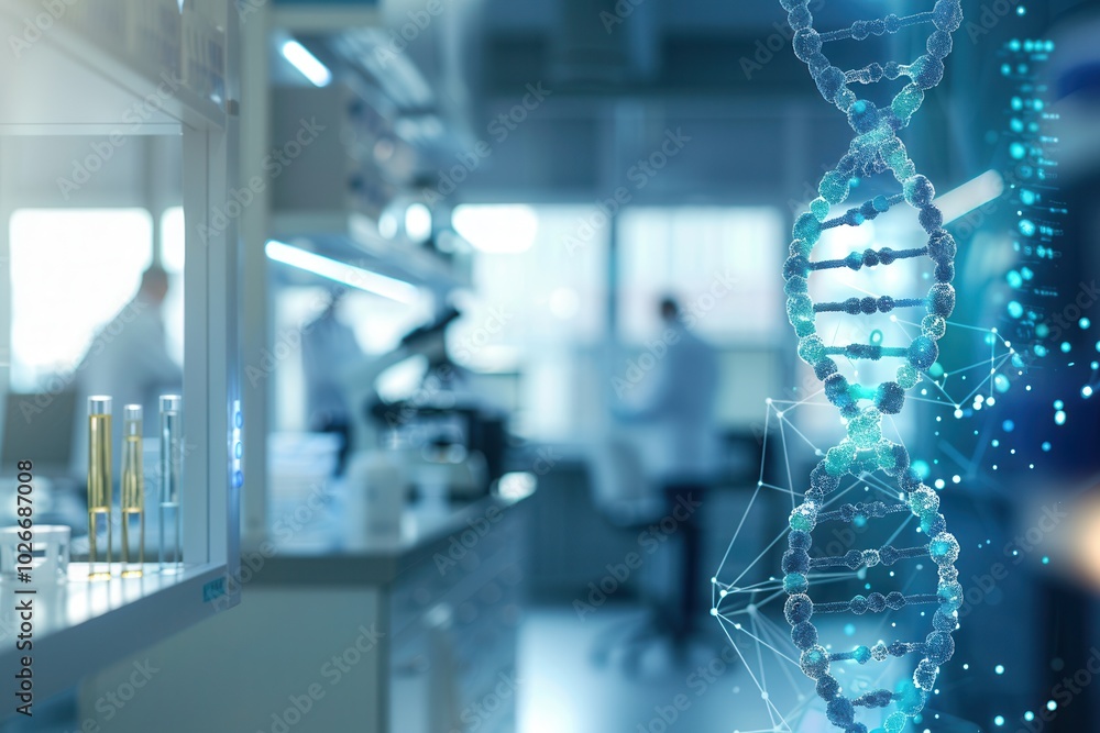 Aufkleber a vibrant dna strand illuminates a lab filled with scientists analyzing samples and conducting genet
