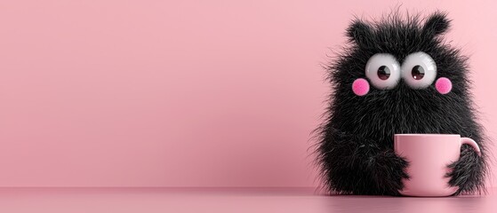 Fototapeta premium A black, furry animal gazes widely at the pink tabletop, holding a pink coffee cup Behind it, a pink wall forms the backdrop