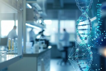 A vibrant DNA strand illuminates a lab filled with scientists analyzing samples and conducting genetic research. Generative AI