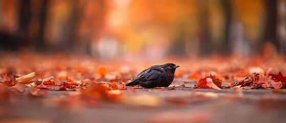 Obraz premium A black bird perches atop a leaf pile near a vibrant forest of red and yellow leaves