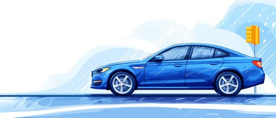  A blue car is parked by the roadside, in front of a traffic light A yellow traffic sign is nearby