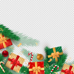 Christmas-themed arrangement with gift boxes tied in white ribbons, a striped candy canes, baubles, confetti and pine branches in red, green, golden colors as a frame on blank transparent background