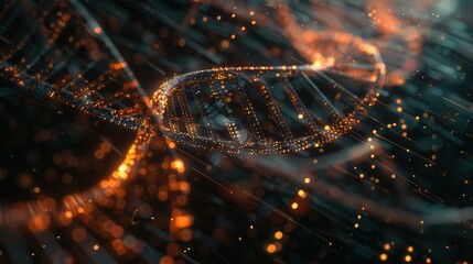 The image features a vibrant DNA strand intertwined with data streams and binary code, blending biology and technology. Generative AI