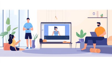 Family in sportswear using laptop for fitness