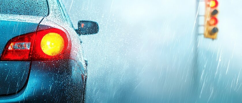  A tight shot of a car's rear taillights and a distant traffic light through the rain
