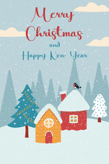 Naklejka premium Cute Christmas card with winter theme. Winter forest with snowy houses and fir trees.