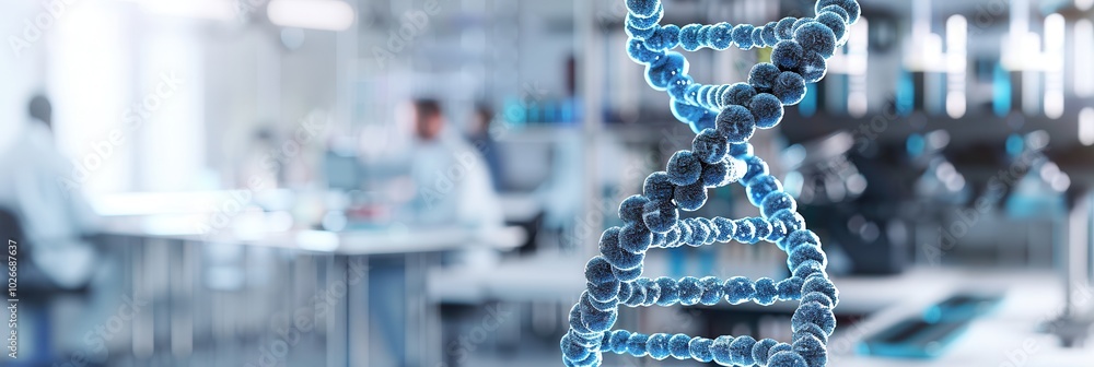 Poster A detailed DNA strand stands out prominently while laboratory technicians work on biological experiments in the background. Generative AI