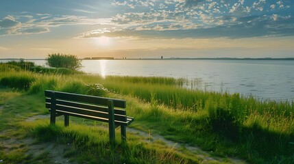 A beautiful lakeshore bench amid a grassy grassland