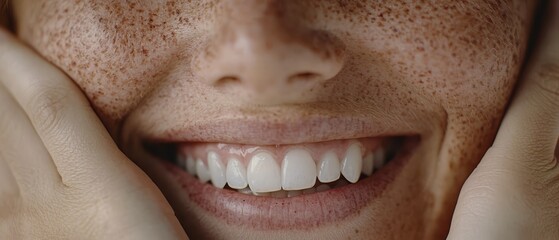 Obraz premium A tight shot of a woman's face with sunspots on her teeth and hands