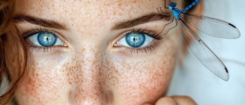  A tight shot of a woman's face adorned with a dragonfly perched atop her forehead, her eyes vividly blue