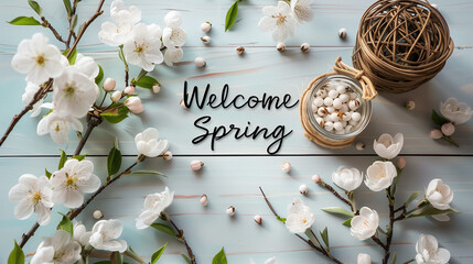 Seasonal spring displays with welcoming signs and natural elements.
