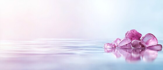  A collection of roseate crystals floats atop a body of water; behind, a blue sky stretches