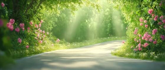 Fototapeta premium A light gleans through tree leaves over a secluded forest road, encircled by verdant foliage