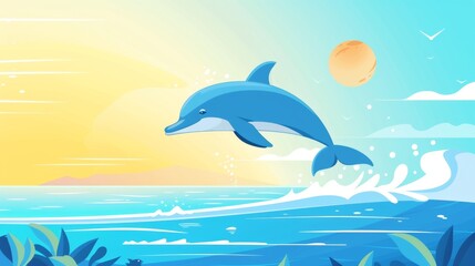 Vibrant Dolphin Jumping Above Ocean at Sunrise - Summer Sale Vector Illustration Design