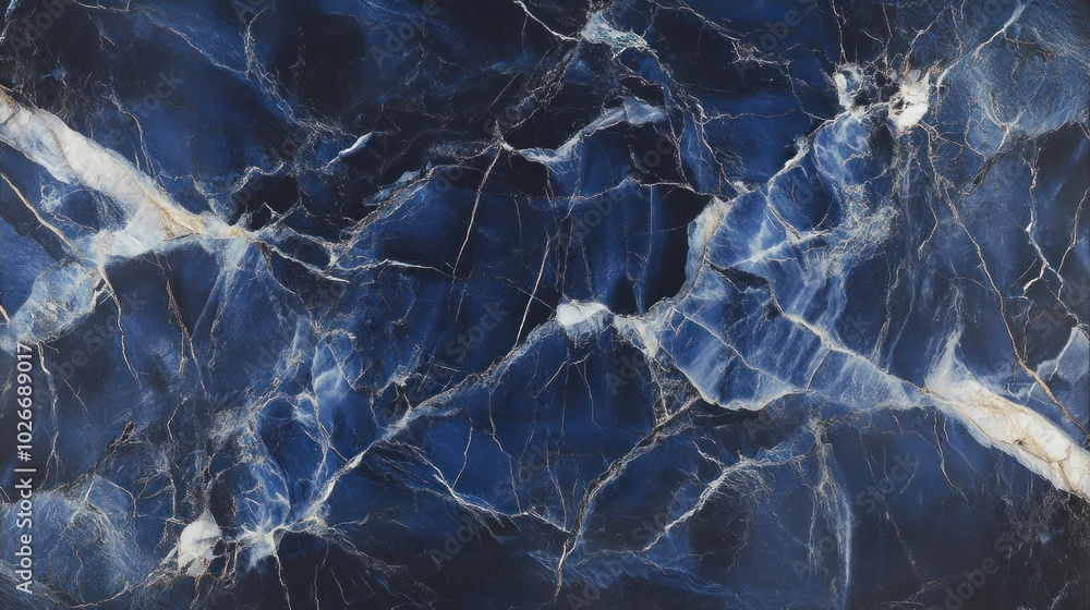 Poster close-up of a blue and white marble texture with intricate veins and patterns.