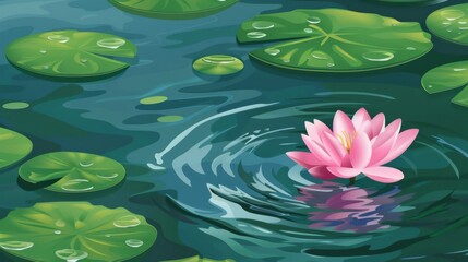 Serene Pink Lotus Floating in Tranquil Pond with Green Lilypads - Vector Illustration