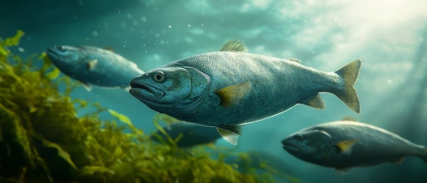  A group of fish swim atop a tranquil body of water, adjacent to a lush, green shore lined with copious seaweed