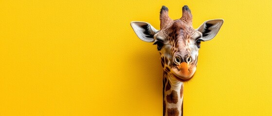 Obraz premium A tight shot of a giraffe's head against a yellow backdrop Behind it, a yellow wall