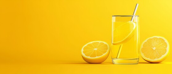  A glass of lemonade on a yellow background, filled to the brim and equipped with a straw Two lemon halves nearby The straw extends from the glass, touching one lemon half