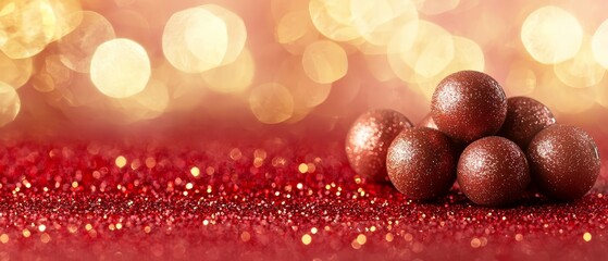  A red countertop hosts a stack of chocolate eggs against a golden-red glitter backdrop