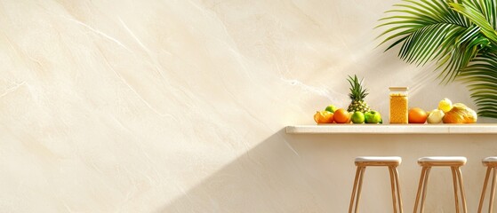  A counter with three stools, a shelf laden with fruit, and a palm tree nearby, accompanied by a potted plant