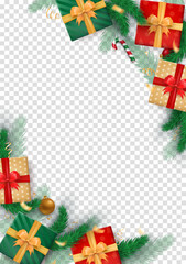 Traditional red-green Christmas vertical banner with gift boxes tied with bows, striped candy canes, baubles, confetti and pine branches (flat lay) as a frame on transparent background with copy space